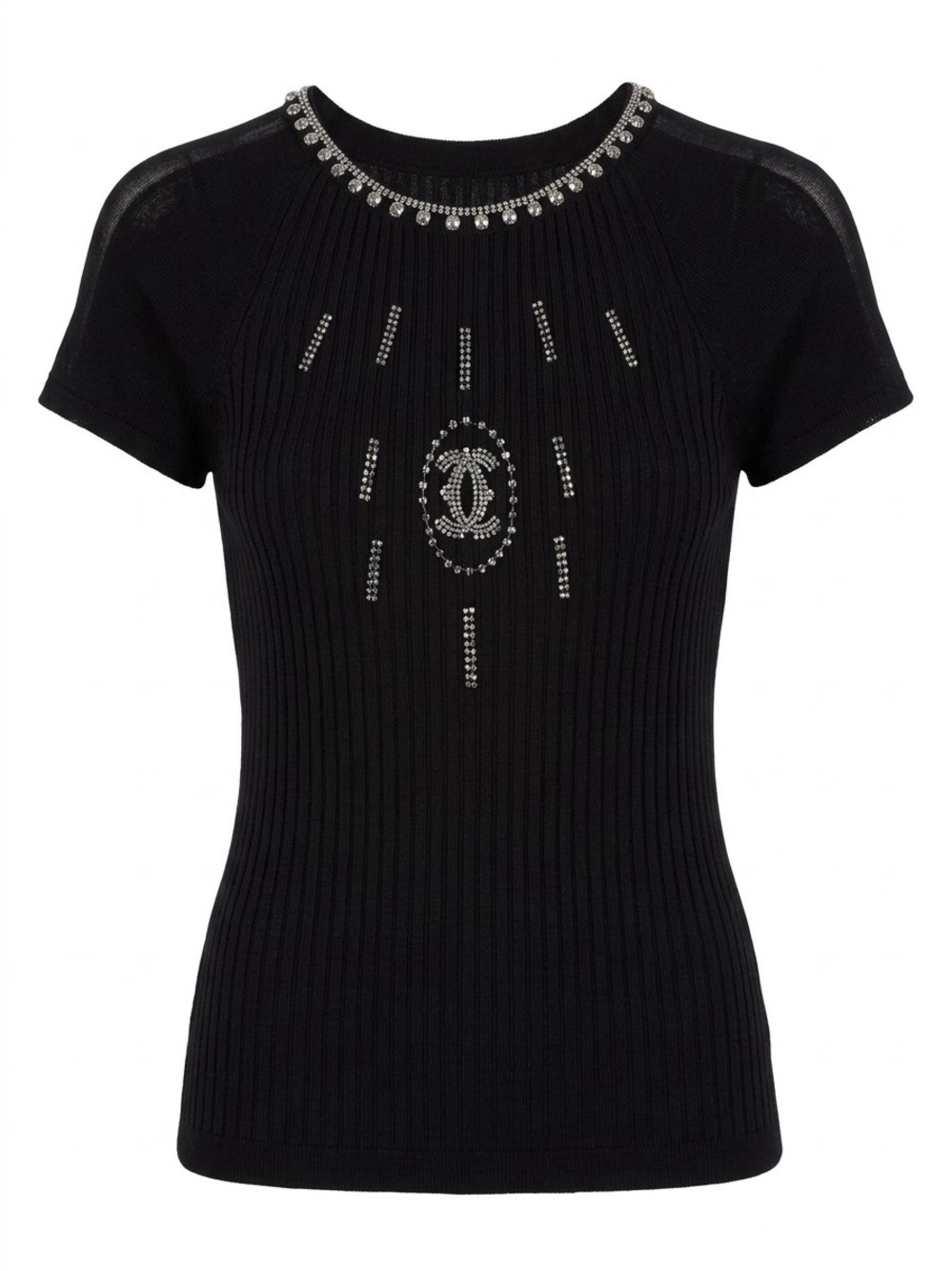 Black Ribbed Knit Top Semi-Sheer Mesh Sleeves Rhinestone Embellished Medium